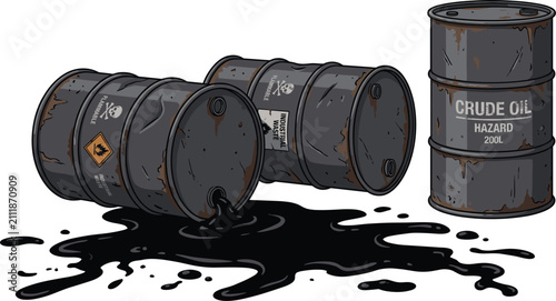 Fotografie Industrial storage shelving unit with a fallen leaking oil drum spilling hazardous black liquid on the floor