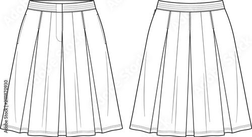 Womens athletic pleated tennis skirt fashion flat sketch vector illustration technical drawing with high waistband side pockets