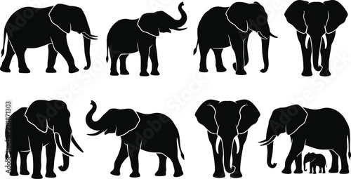 Photography Elephant silhouette collection featuring wild safari animals in various poses in