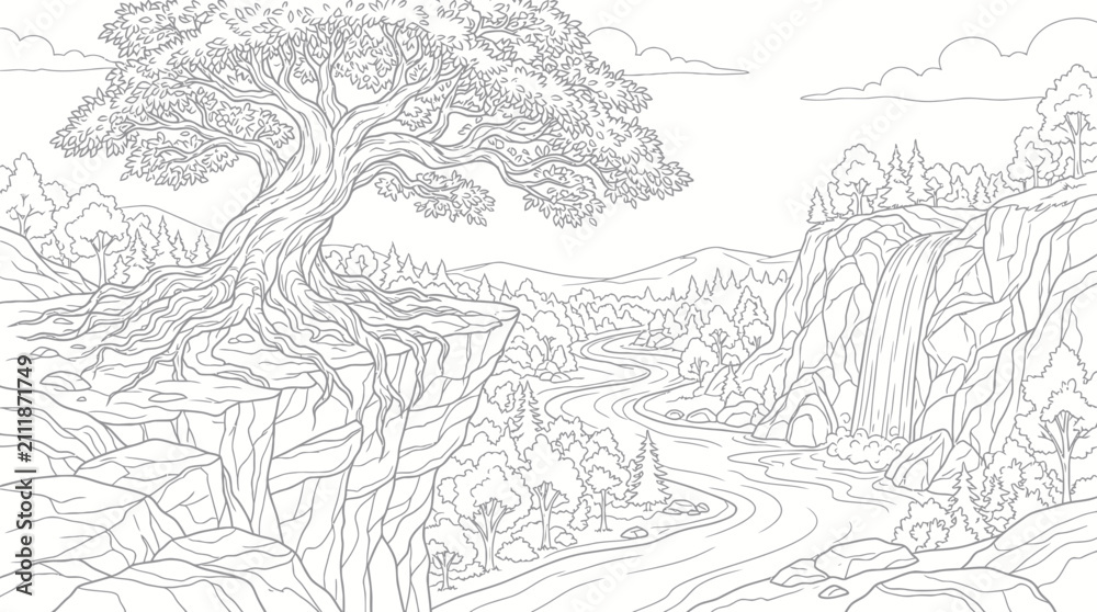Obraz premium Detailed forest valley and cliff coloring page.