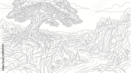 Canvas Print Detailed forest valley and cliff coloring page.