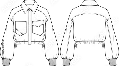 Obraz na płótnie Womens cropped utility shirt jacket drawstring hem drop shoulder balloon sleeves
