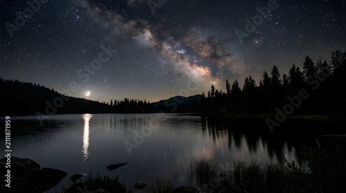 Milky Way galaxy over a calm lake. Night sky landscape with stars and forest reflection.