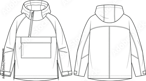 Womens hooded anorak jacket half zip kangaroo pocket raglan sleeves fashion flat sketch vector illustration technical drawing front back view