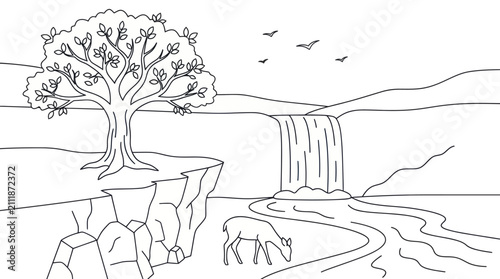 Canvas Print Deer by a waterfall nature coloring page.