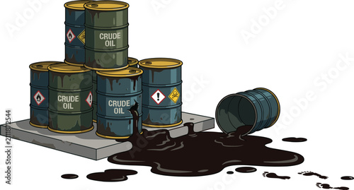 Stack of crude oil barrels with a leaking drum spilling dark liquid on the floor.Stack of crude oil barrels with a leaking drum spilling dark liquid on the floor.