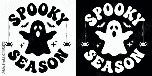 Retro style spooky season graphic featuring a cute ghost with spiders and stars design