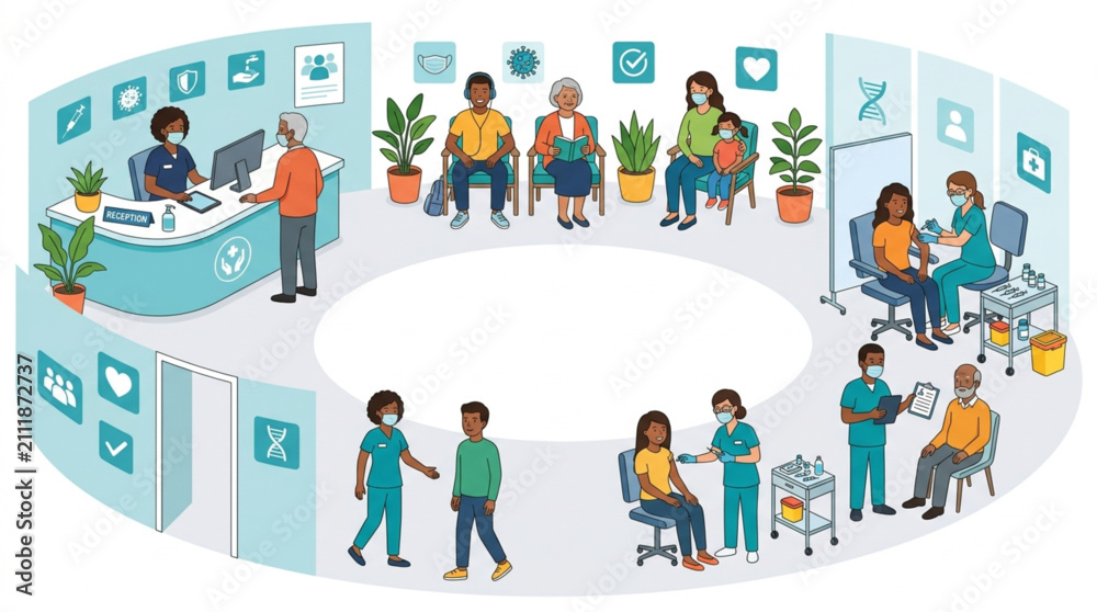 Fototapeta premium Illustration of people receiving vaccinations in a clinic with a reception area, waiting room, and private vaccination stations, conveying a sense of organized healthcare and community