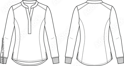Fotografía Womens long sleeve split neck tunic top fashion flat sketch vector illustration