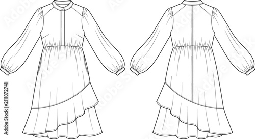 Canvastavla Womens long sleeve midi dress fashion flat sketch vector illustration technical