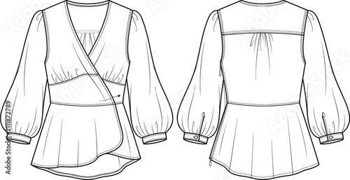 Fotografie Womens long sleeve wrap peplum blouse v neck bishop sleeve fashion flat sketch v