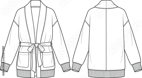 Foto Womens relaxed belted cardigan shawl collar knit sweater fashion flat sketch vec