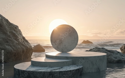 Concrete Steps And Sphere At Sunset Over Ocean Rocks