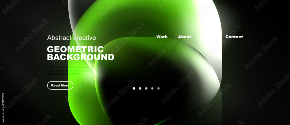 Naklejka premium Abstract design features vibrant green, white shapes. Dark background highlights fluid forms, text elements, navigation options. Modern aesthetic.