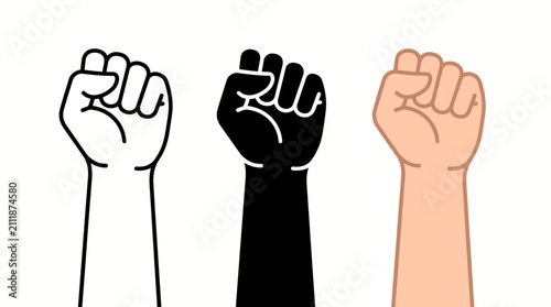 Diverse raised fists in varying skin tones symbolize unity, solidarity, and empowerment for social justice.
