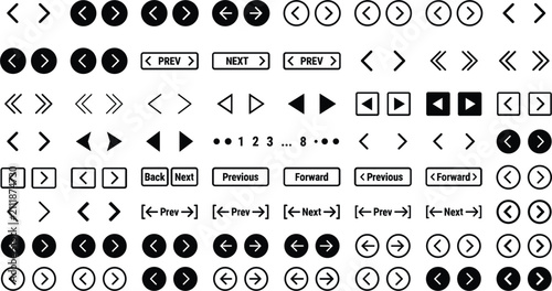 фотографія Black and white navigation arrow icon set, previous next button, and website pag