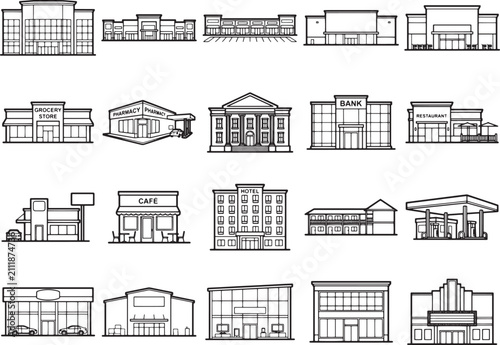 A collection of diverse building outlines, including commercial establishments, a gas station, and a classical structure, are presented in a clean, illustrative style.