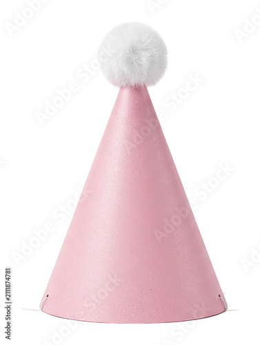 Sparkling pink conical party hat with a fluffy white pom-pom, perfect for joyful isolated transparent background image