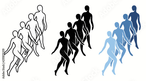 Foto Evolution of human silhouettes in motion: progressive figures walking and running in varying tones to convey movement, fitness, and dynamic progression