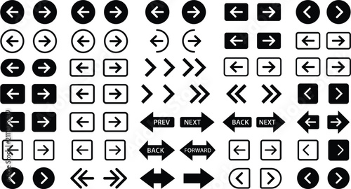 Foto Black and white arrow icon set for website navigation, user interface design, an