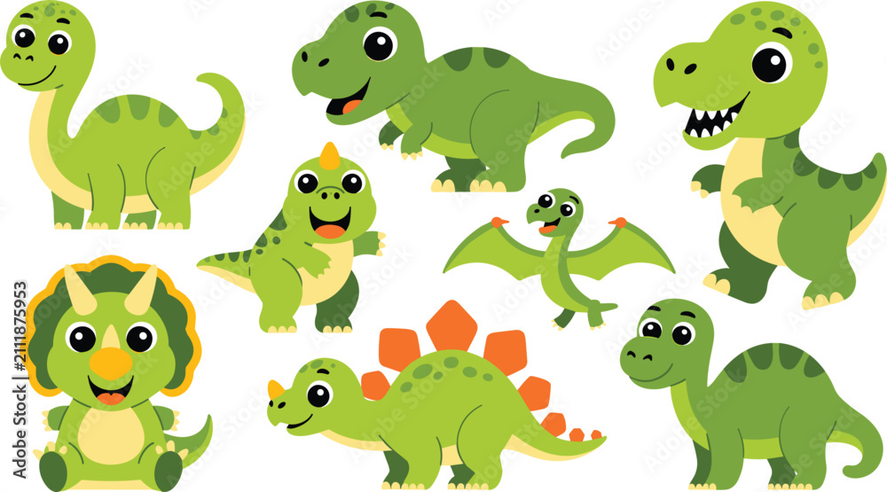 Naklejka premium Cute Green Dinosaur Character Vector Set Featuring Cartoon Tyrannosaurus Rex, Triceratops, Brachiosaurus, and Pterodactyl Figures for Kids Toys and Nursery Room Decor