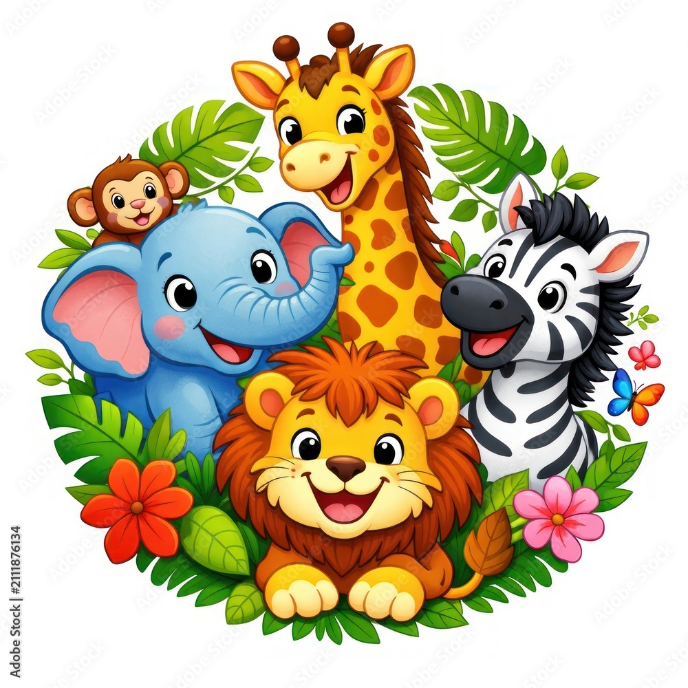 Obraz premium Cute cartoon jungle animals with a lion, elephant, giraffe, and zebra.