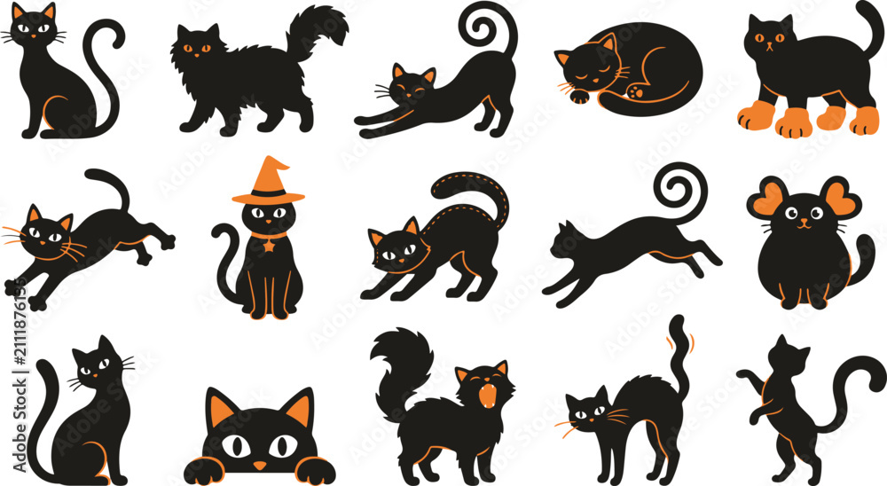 Obraz premium Collection of various black cat stickers for halloween decorations isolated on transparent background isolated on transparent background
