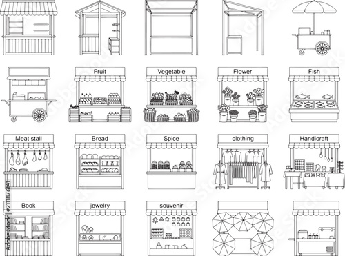 A collection of diverse market stall illustrations, featuring a variety of goods from fruits and vegetables to clothing and crafts, depicted in a clean, black-and-white sketch style.