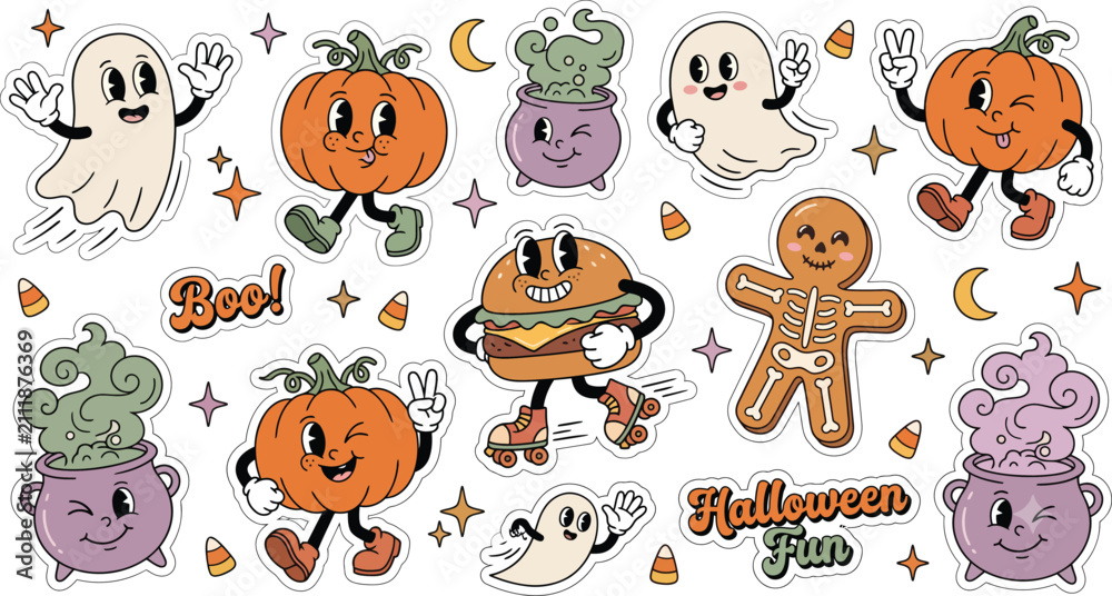 Fototapeta premium Cute Halloween Clipart Collection with Ghosts Pumpkins Gingerbread Cookie Cauldron Candy and Spooky Characters