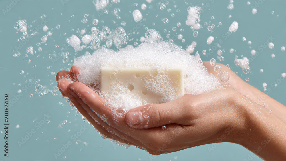 Fototapeta premium Hand holding soap with bubbles floating.