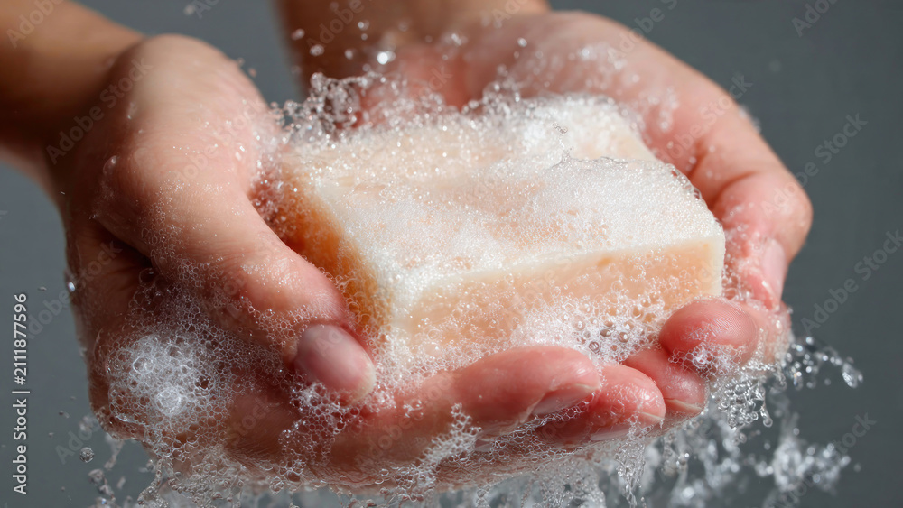 Fototapeta premium Hands holding soap with bubbles.