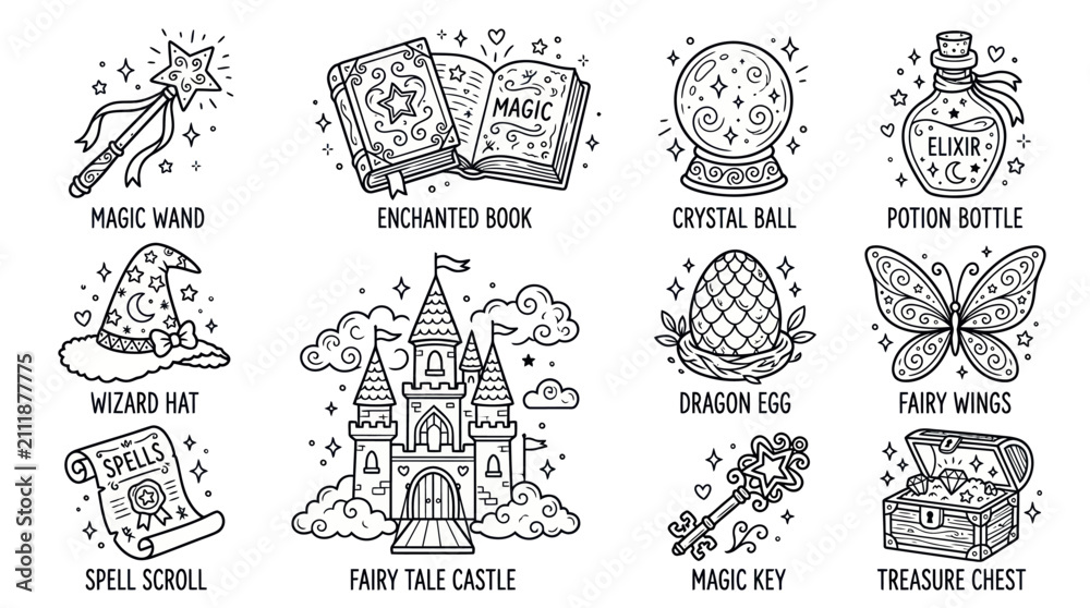 Obraz premium Enchanted fantasy items and magic wizard equipment icon collection.