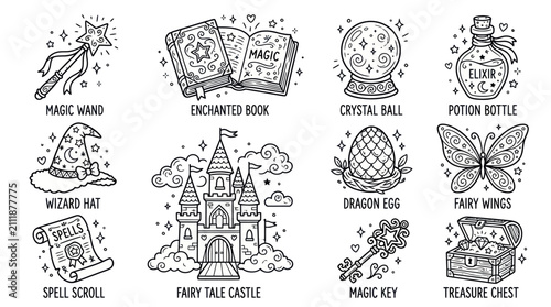 Bild auf Leinwand Enchanted fantasy items and magic wizard equipment icon collection