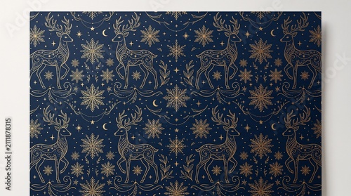 Golden Deer Snowflake Luxury Christmas Gift Wrap, Seamless Metallic Foil Pattern
