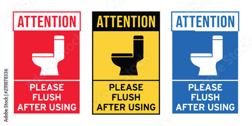Fotografie Toilet sign vector featuring attention, flush instructions, and bathroom warning symbols for restroom safety, hygiene, and public facility communication