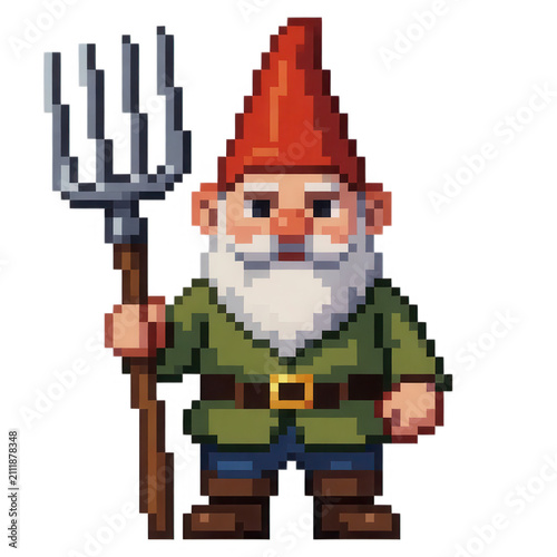 Pixel Art Garden Gnome Holding Pitchfork Transparent Background