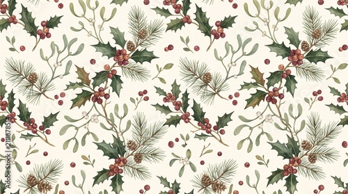 Vintage Botanical Christmas Gift Wrap, Seamless Holly and Pine Watercolor Pattern