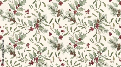 Vintage Botanical Christmas Gift Wrap, Seamless Holly and Pine Watercolor Pattern