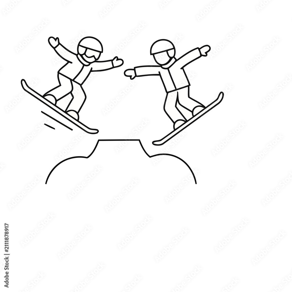 Fototapeta premium Two snowboarders jumping over a mound