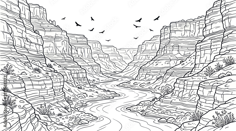 Fototapeta premium Grand canyon river landscape coloring book page illustration.