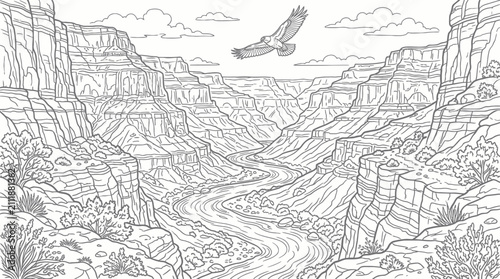 Fotografie Grand Canyon landscape with eagle line art.