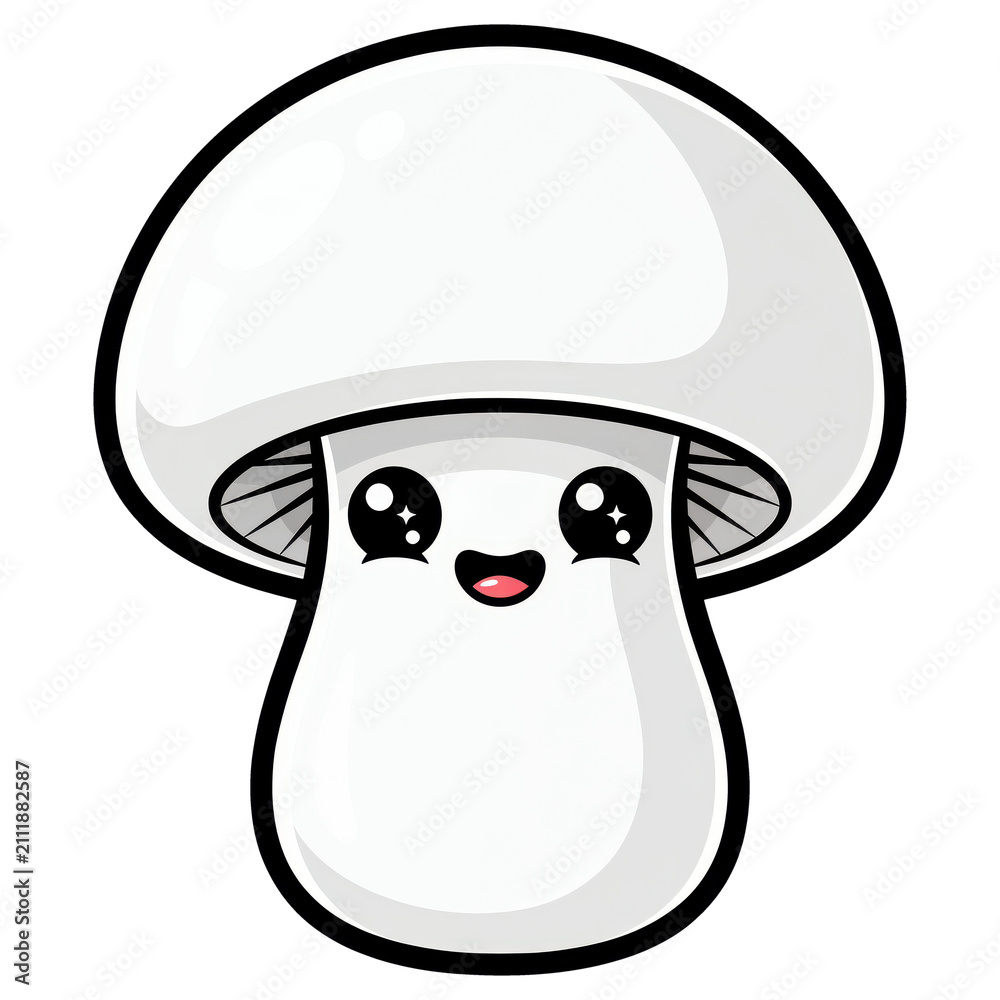 Fototapeta premium Cute Mushroom Character: A charming, kawaii-style mushroom with a cheerful face and sparkling eyes, depicted in a playful and friendly manner.
