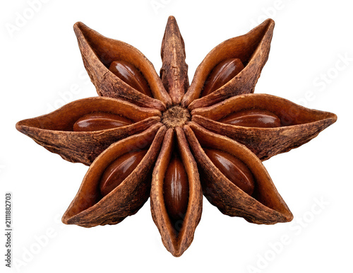 Konstfotografi Textured brown star anise spice pod reveals glossy seeds in macro detail isolate
