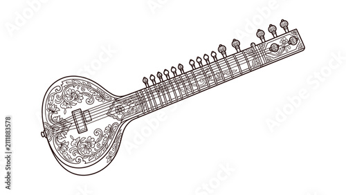 Bild auf Leinwand Ornate sitar indian musical instrument line art with floral carvings