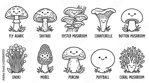 Bild auf Leinwand Kawaii mushroom character collection with labels for coloring.