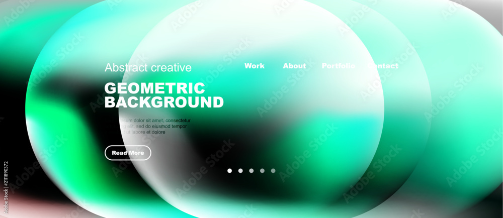 Naklejka premium Abstract geometric background features vibrant teal, green hues. Minimalist design includes text elements, navigation options, button. Modern aesthetic.
