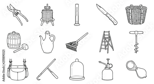 Canvas Print Vintage gardening and winemaking tools icon set, 15 black and white line art vec