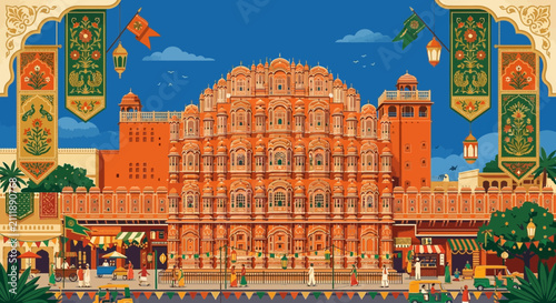 Vibrant hawa mahal palace celebrating india independence day