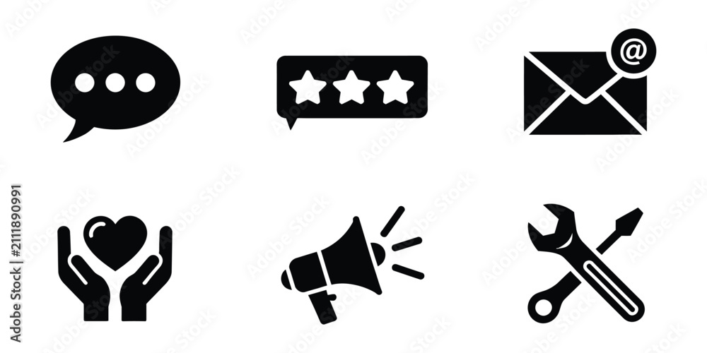 Fototapeta premium Communication icon featuring customer support, digital marketing, maintenance services, megaphone, feedback, customer care, envelope, promotion, and business communication elements.
