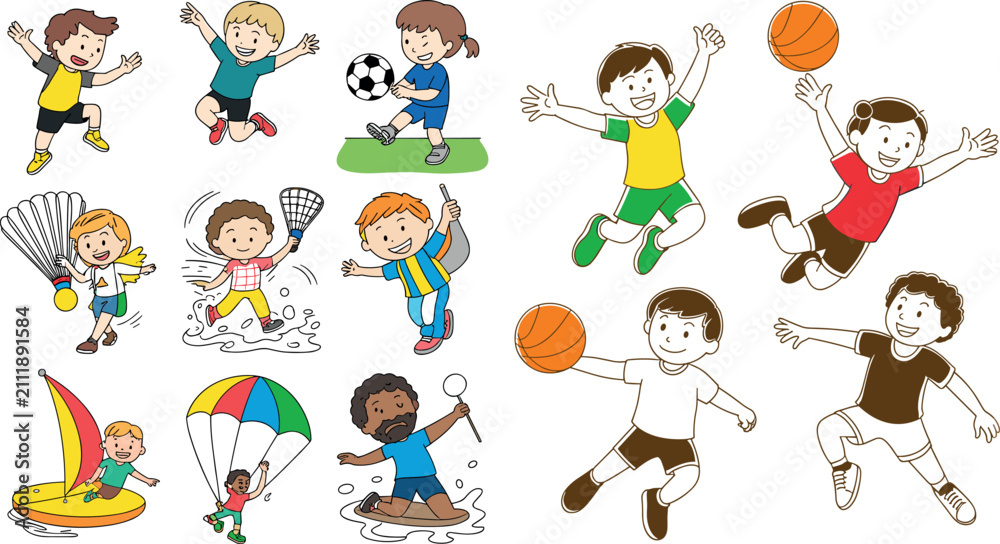 Fototapeta premium Kids Sports Vector Set Happy Children Playing Basketball Soccer Badminton Sailing and Paragliding Cartoon Illustration